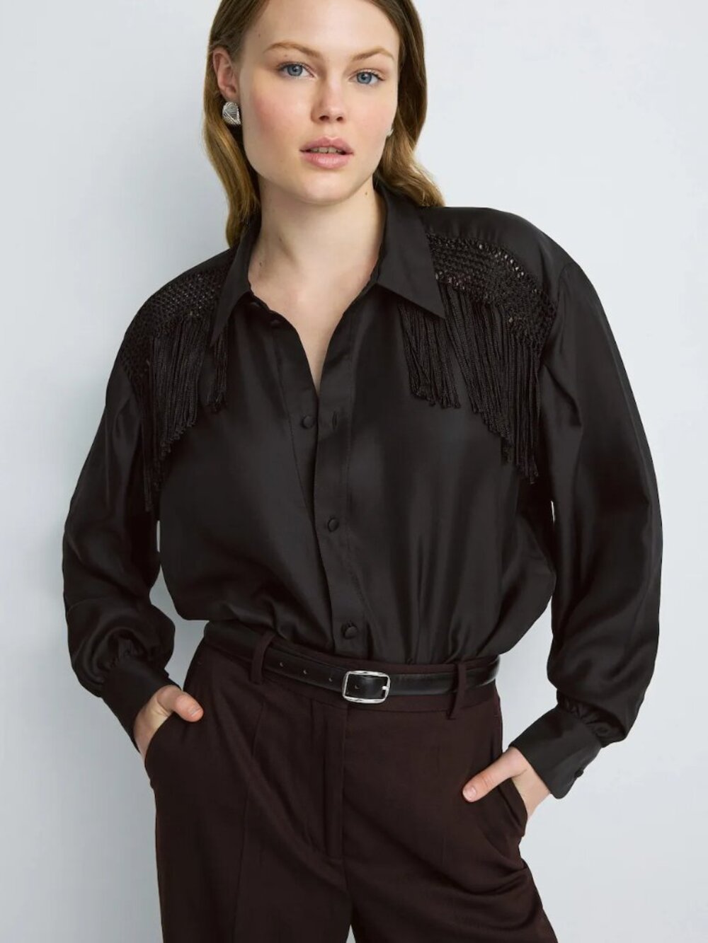 Diotima Epaulette Fringed Crochet Shirt in Black Silk Twill Long Sleeve Blouse